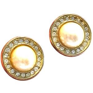 Vintage Richelieu clip on earrings classic gold rounds faux pearls & rhinestones